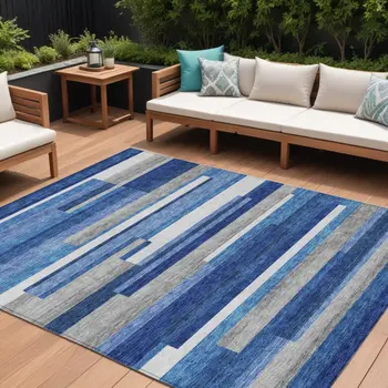 10' X 14' Navy Blue And Denim Blue Striped Washable Indoor Outdoor Area Rug