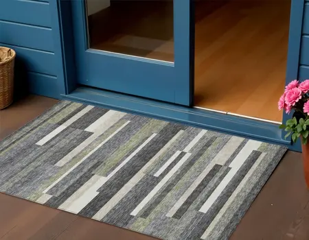 3' X 5' Charcoal Gray And Silver Striped Washable Indoor Outdoor Area Rug