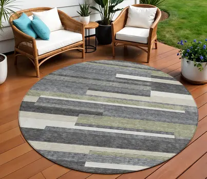 8' Charcoal Gray And Silver Round Striped Washable Indoor Outdoor Area Rug