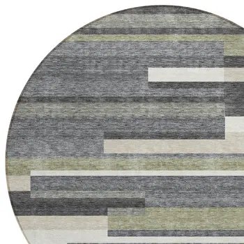 8' Charcoal Gray And Silver Round Striped Washable Indoor Outdoor Area Rug