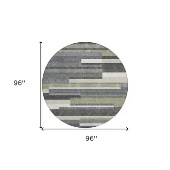 8' Charcoal Gray And Silver Round Striped Washable Indoor Outdoor Area Rug