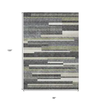 8' X 10' Charcoal Gray And Silver Striped Washable Indoor Outdoor Area Rug