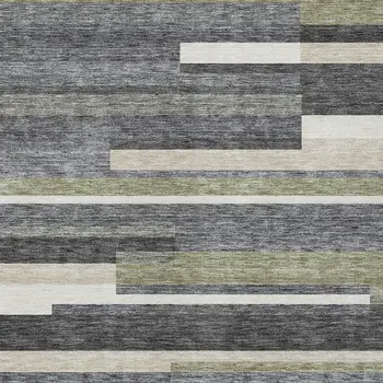 8' X 10' Charcoal Gray And Silver Striped Washable Indoor Outdoor Area Rug