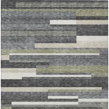 9' X 12' Charcoal Gray And Silver Striped Washable Indoor Outdoor Area Rug