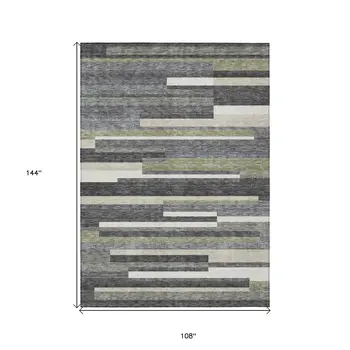 9' X 12' Charcoal Gray And Silver Striped Washable Indoor Outdoor Area Rug