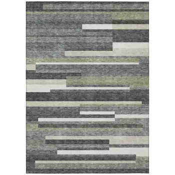 9' X 12' Charcoal Gray And Silver Striped Washable Indoor Outdoor Area Rug