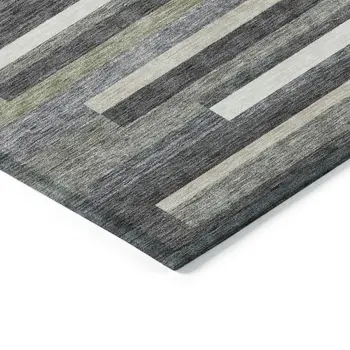 9' X 12' Charcoal Gray And Silver Striped Washable Indoor Outdoor Area Rug