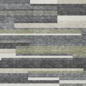 9' X 12' Charcoal Gray And Silver Striped Washable Indoor Outdoor Area Rug