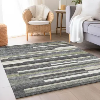 9' X 12' Charcoal Gray And Silver Striped Washable Indoor Outdoor Area Rug