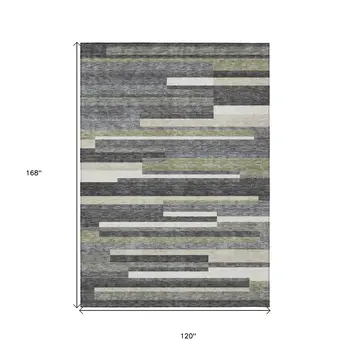 10' X 14' Charcoal Gray And Silver Striped Washable Indoor Outdoor Area Rug