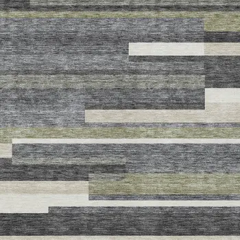 10' X 14' Charcoal Gray And Silver Striped Washable Indoor Outdoor Area Rug