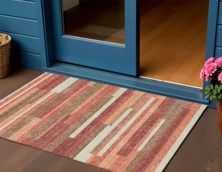 3' X 5' Coral Peach And Taupe Striped Washable Indoor Outdoor Area Rug