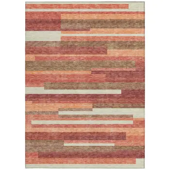 5' X 8' Coral Peach And Taupe Striped Washable Indoor Outdoor Area Rug