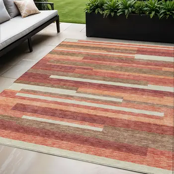5' X 8' Coral Peach And Taupe Striped Washable Indoor Outdoor Area Rug