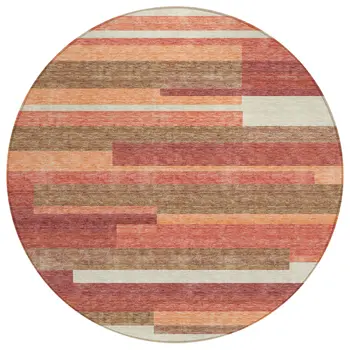 8' Coral Peach And Taupe Round Striped Washable Indoor Outdoor Area Rug