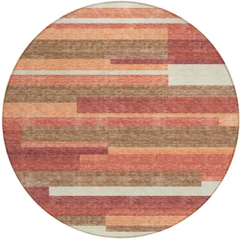 8' Coral Peach And Taupe Round Striped Washable Indoor Outdoor Area Rug