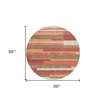 8' Coral Peach And Taupe Round Striped Washable Indoor Outdoor Area Rug