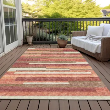 8' X 10' Coral Peach And Taupe Striped Washable Indoor Outdoor Area Rug
