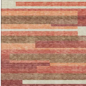 8' X 10' Coral Peach And Taupe Striped Washable Indoor Outdoor Area Rug