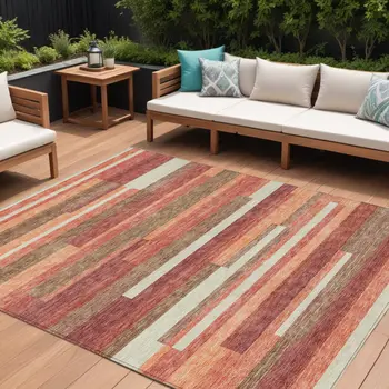 10' X 14' Coral Peach And Taupe Striped Washable Indoor Outdoor Area Rug