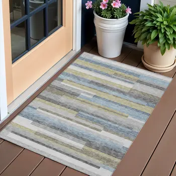 3' X 5' Gray Denim Blue And Sky Blue Striped Washable Indoor Outdoor Area Rug