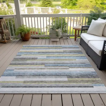 3' X 5' Gray Denim Blue And Sky Blue Striped Washable Indoor Outdoor Area Rug
