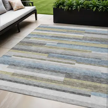 5' X 8' Gray Denim Blue And Sky Blue Striped Washable Indoor Outdoor Area Rug