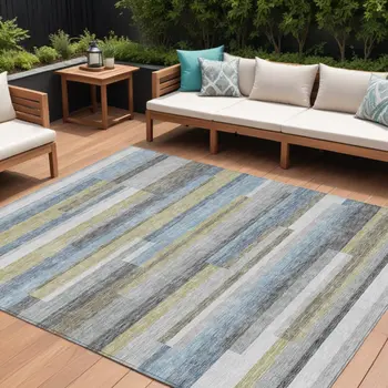 10' X 14' Gray Denim Blue And Sky Blue Striped Washable Indoor Outdoor Area Rug