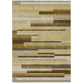 3' X 5' Khaki Taupe And Gold Striped Washable Indoor Outdoor Area Rug