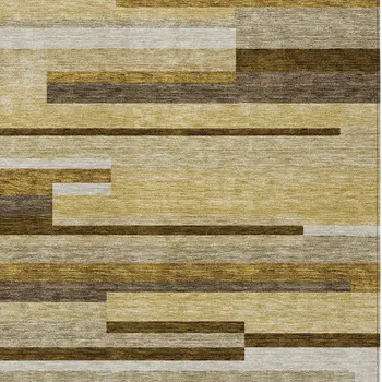3' X 5' Khaki Taupe And Gold Striped Washable Indoor Outdoor Area Rug