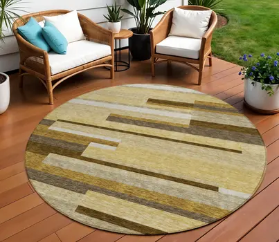 8' Khaki Taupe And Gold Round Striped Washable Indoor Outdoor Area Rug