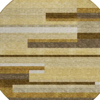 8' Khaki Taupe And Gold Round Striped Washable Indoor Outdoor Area Rug
