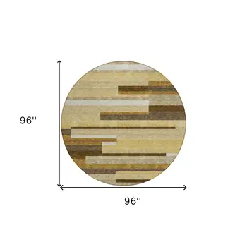 8' Khaki Taupe And Gold Round Striped Washable Indoor Outdoor Area Rug