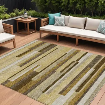 9' X 12' Khaki Taupe And Gold Striped Washable Indoor Outdoor Area Rug