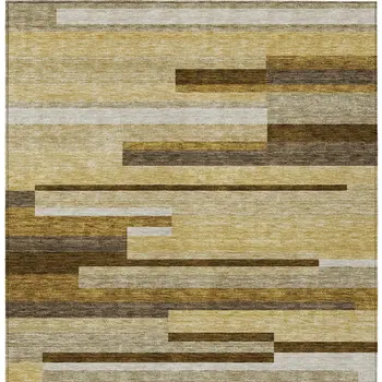 9' X 12' Khaki Taupe And Gold Striped Washable Indoor Outdoor Area Rug