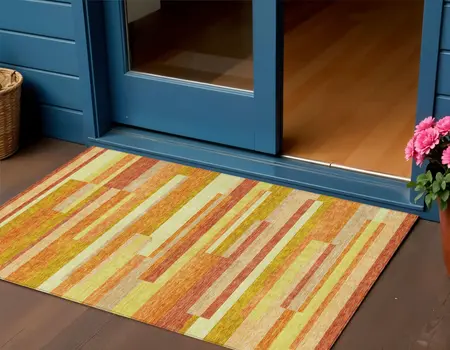 3' X 5' Orange Salmon And Lime Green Striped Washable Indoor Outdoor Area Rug