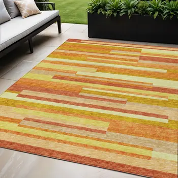 5' X 8' Orange Salmon And Lime Green Striped Washable Indoor Outdoor Area Rug