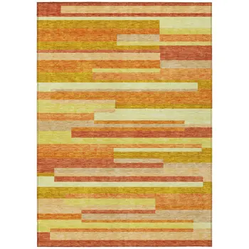 5' X 8' Orange Salmon And Lime Green Striped Washable Indoor Outdoor Area Rug