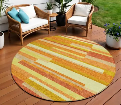 8' Orange Salmon And Lime Green Round Striped Washable Indoor Outdoor Area Rug