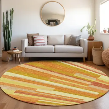 8' Orange Salmon And Lime Green Round Striped Washable Indoor Outdoor Area Rug