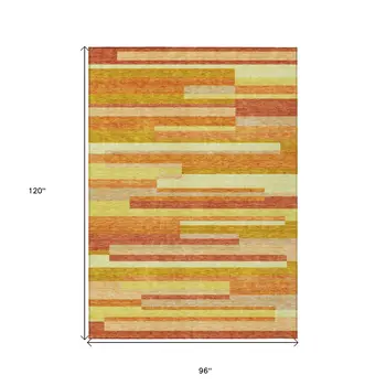8' X 10' Orange Salmon And Lime Green Striped Washable Indoor Outdoor Area Rug