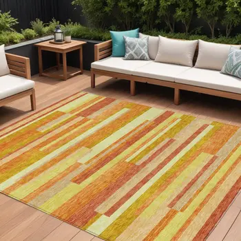 8' X 10' Orange Salmon And Lime Green Striped Washable Indoor Outdoor Area Rug