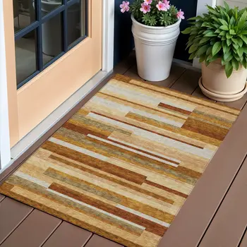3' X 5' Orange Copper And Taupe Striped Washable Indoor Outdoor Area Rug