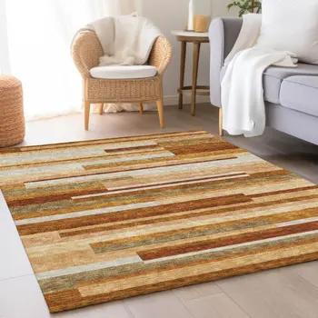 3' X 5' Orange Copper And Taupe Striped Washable Indoor Outdoor Area Rug