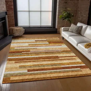 3' X 5' Orange Copper And Taupe Striped Washable Indoor Outdoor Area Rug