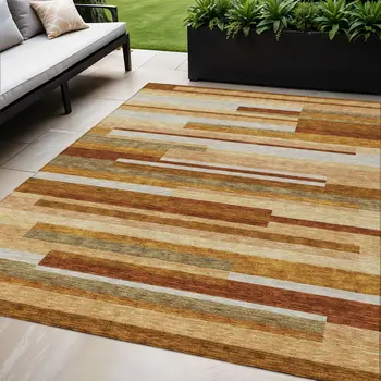 5' X 8' Orange Copper And Taupe Striped Washable Indoor Outdoor Area Rug