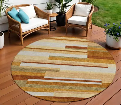 8' Orange Copper And Taupe Round Striped Washable Indoor Outdoor Area Rug