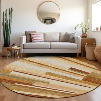 8' Orange Copper And Taupe Round Striped Washable Indoor Outdoor Area Rug