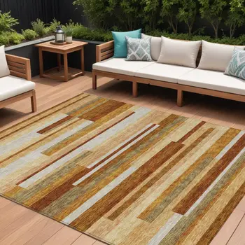 8' X 10' Orange Copper And Taupe Striped Washable Indoor Outdoor Area Rug