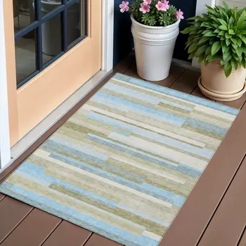 3' X 5' Sky Blue And Denim Blue Striped Washable Indoor Outdoor Area Rug